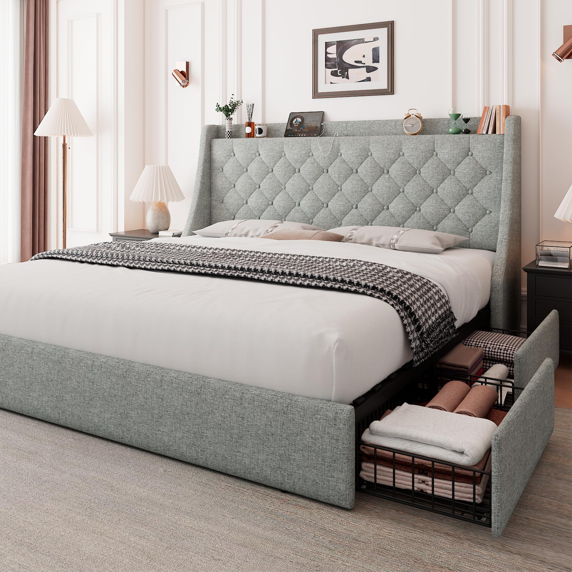 Feonase Upholstered Bed Frame with 4 Storage Drawers and Charging Station