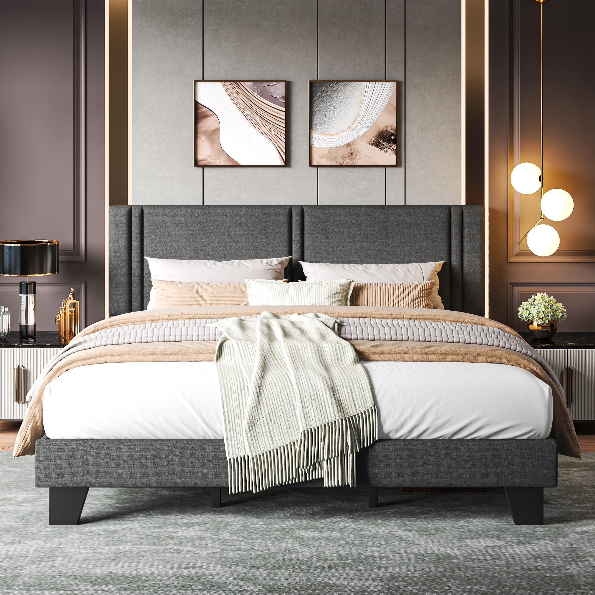 Upholstered Twin Size Bed Frame with Linen Fabric Headboard