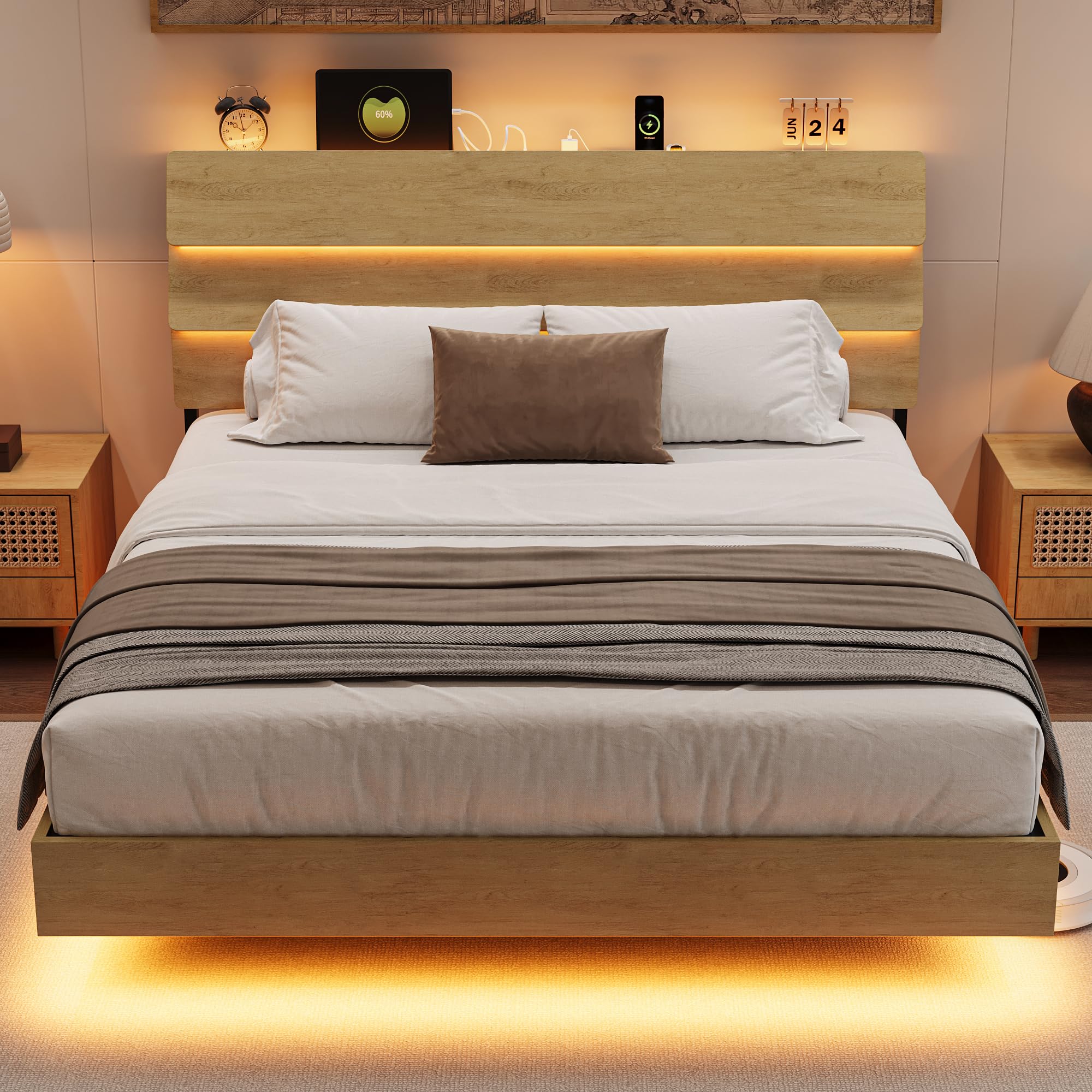 Bed Frame with Charging Station, Led Bed Frame with Wood Storage Headboard
