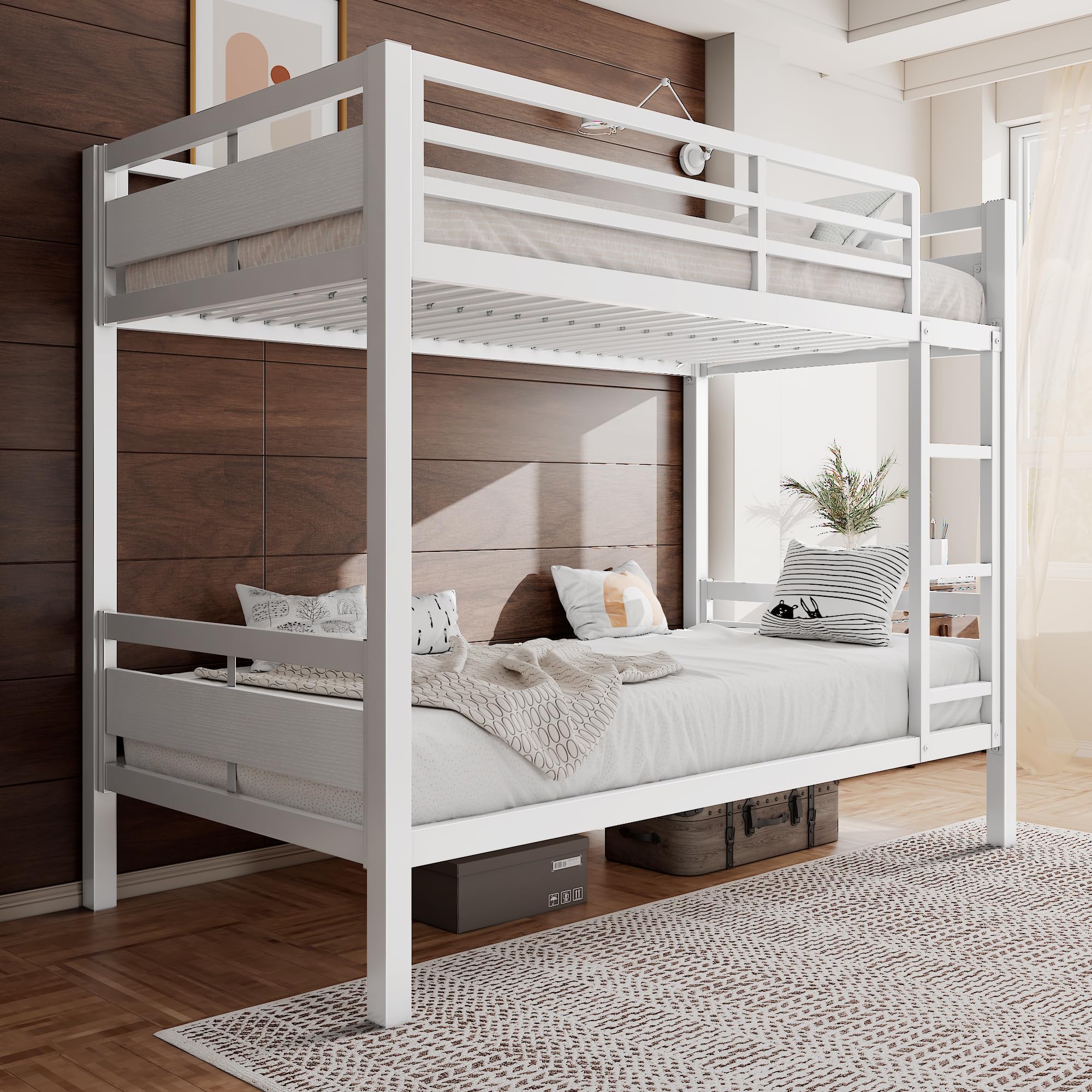Bunk Bed Twin Over Twin, Heavy Duty Metal Bed with Ladder and Full-Length Guardrail, Under-Bed Storage Space