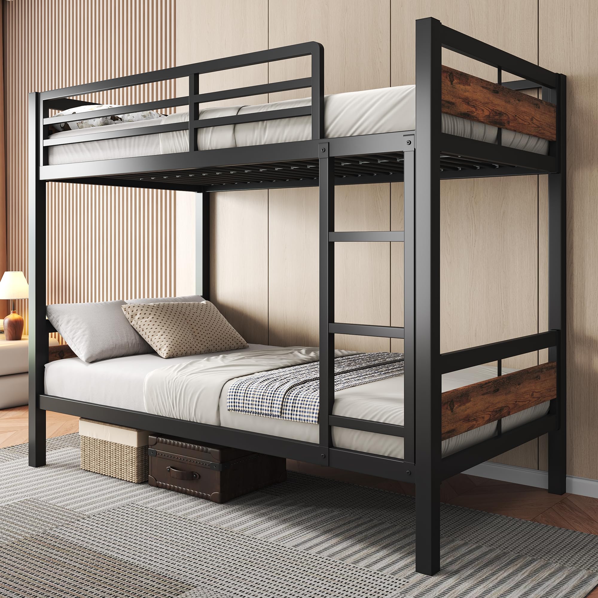 Feonase Metal Bunk Bed Twin Over Twin with Ladder and High Guardrail