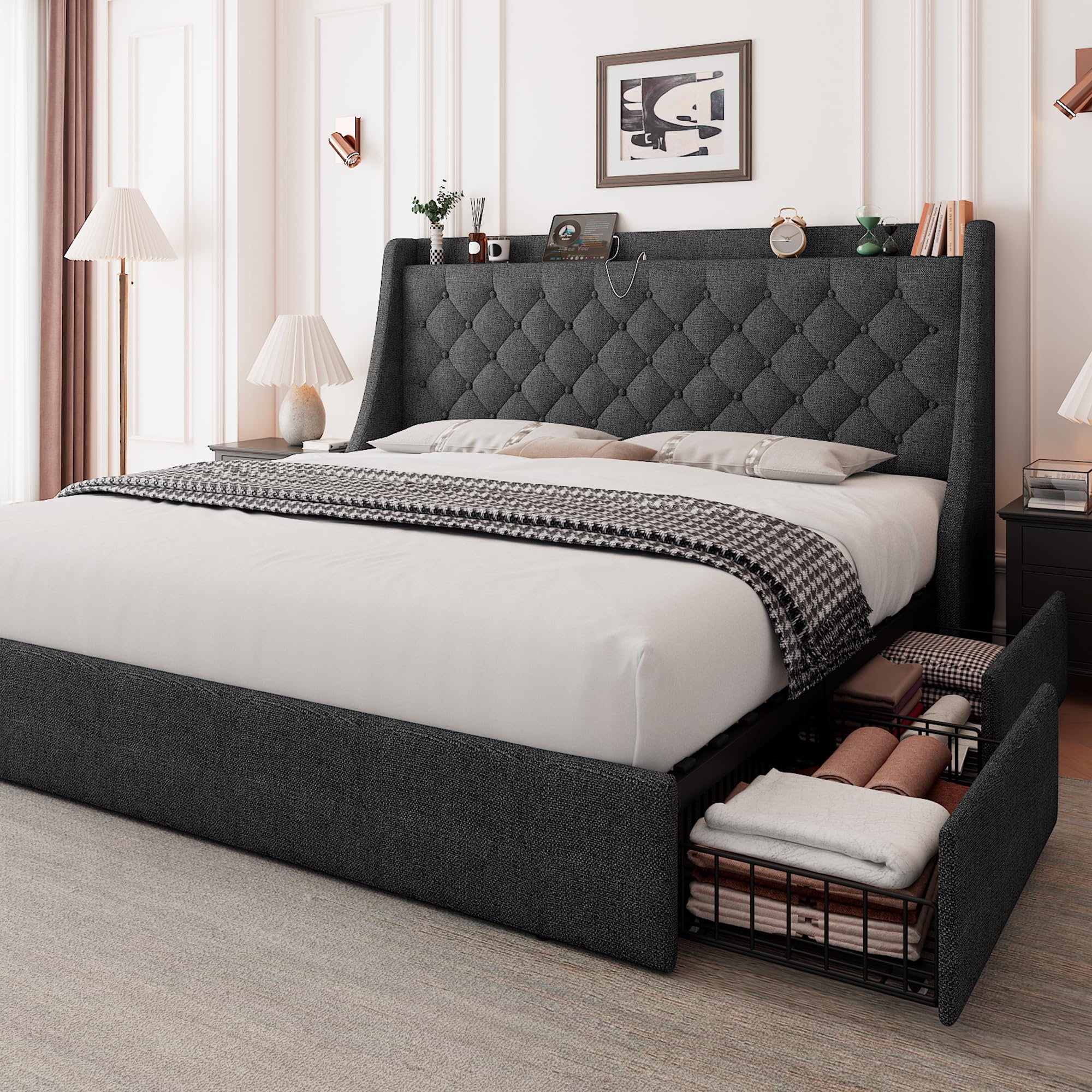 Feonase Upholstered Bed Frame with 4 Storage Drawers and Charging Station