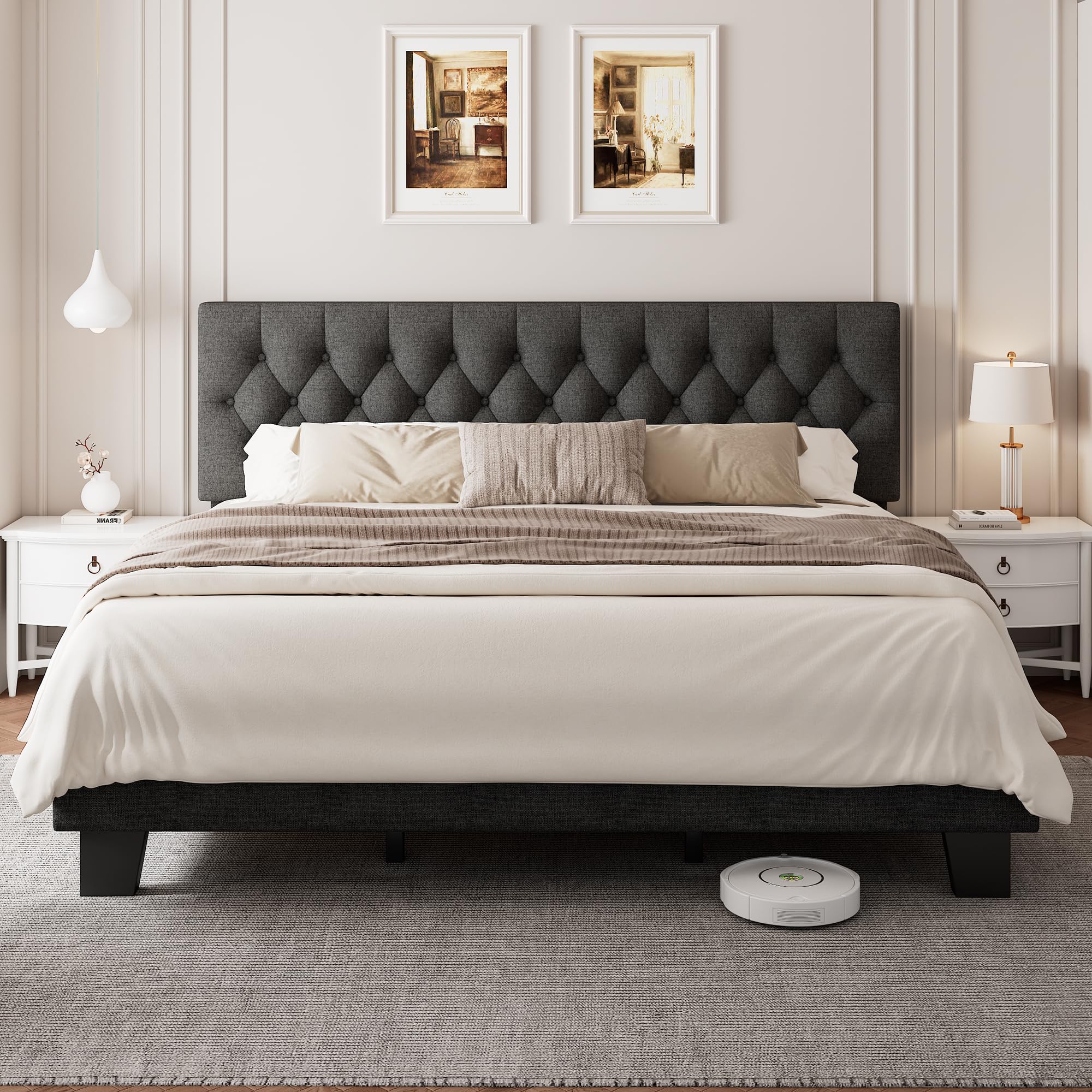 Velvet Bed Frame with Headboard, Button Tufted Upholstered Bed Base