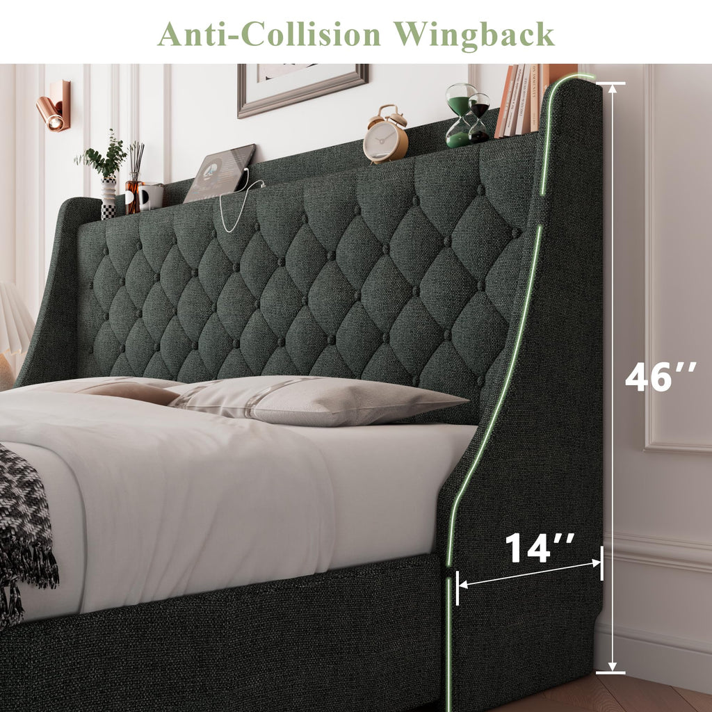 Feonase Upholstered Bed Frame with 4 Storage Drawers and Charging Station