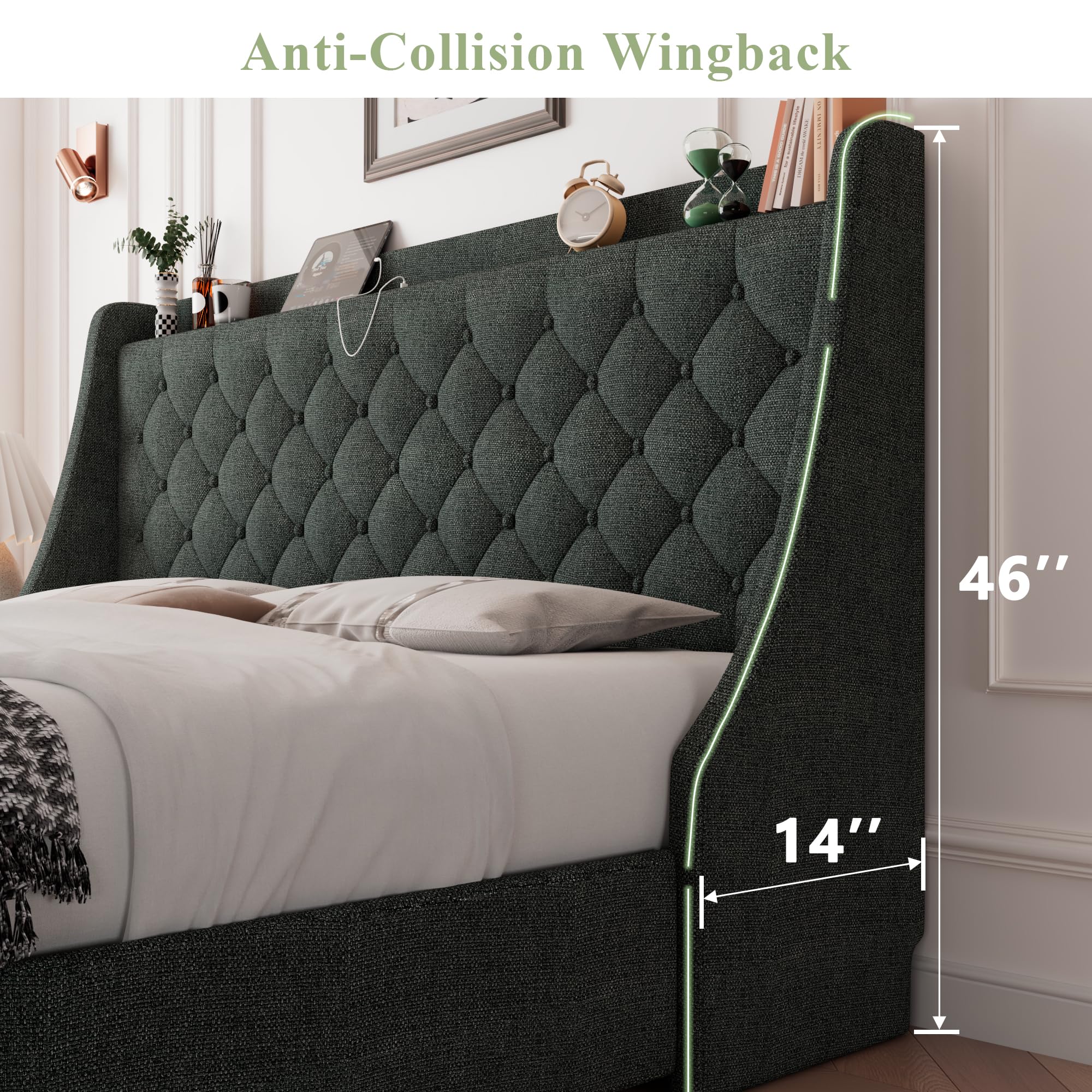 Feonase Upholstered Bed Frame with 4 Storage Drawers and Charging Station