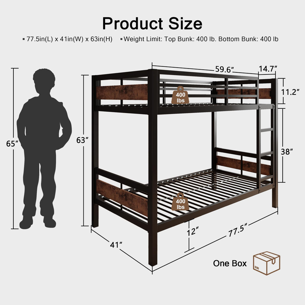 Bunk Bed Twin Over Twin, Heavy Duty Metal Bed with Ladder and Full-Length Guardrail, Under-Bed Storage Space