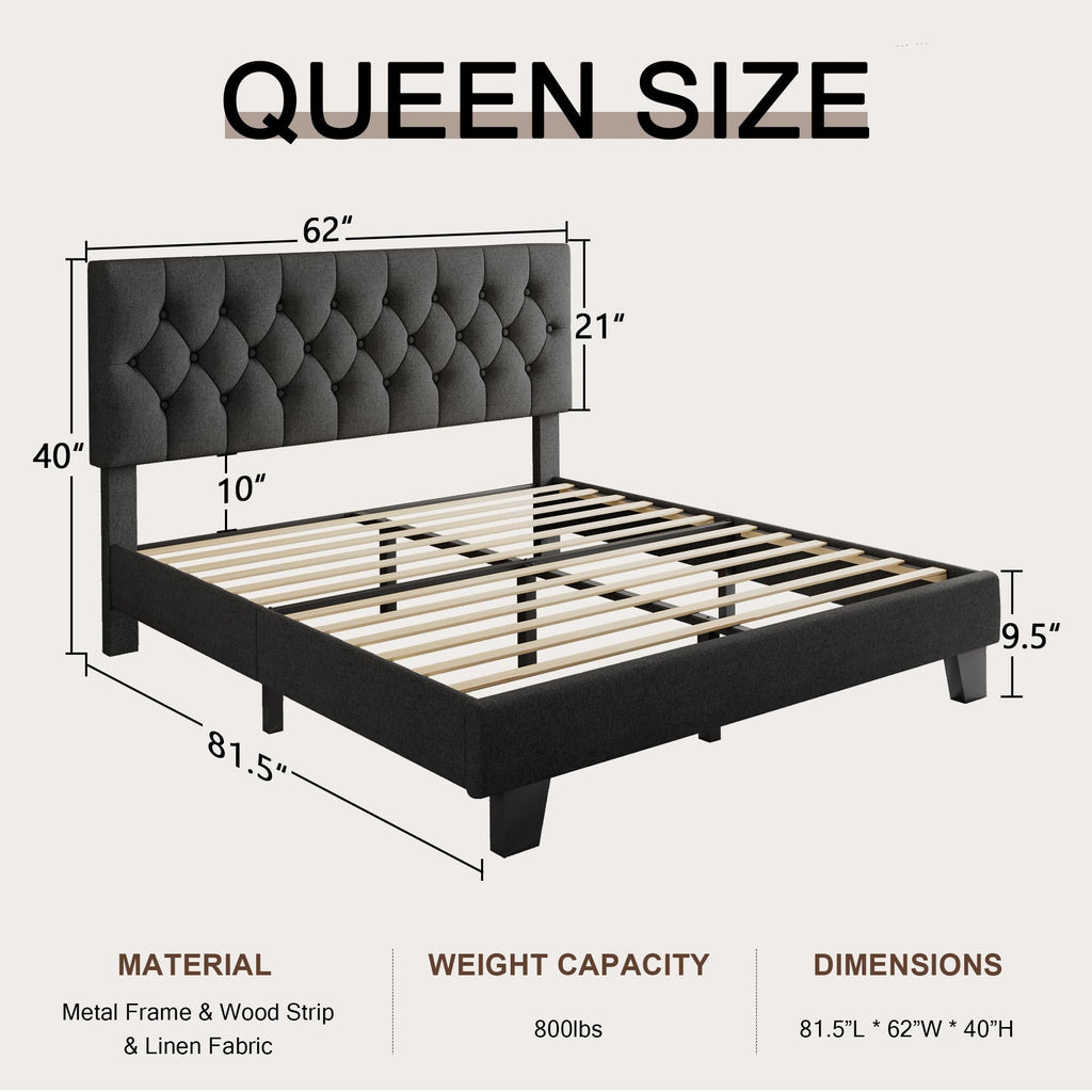 Velvet Bed Frame with Headboard, Button Tufted Upholstered Bed Base