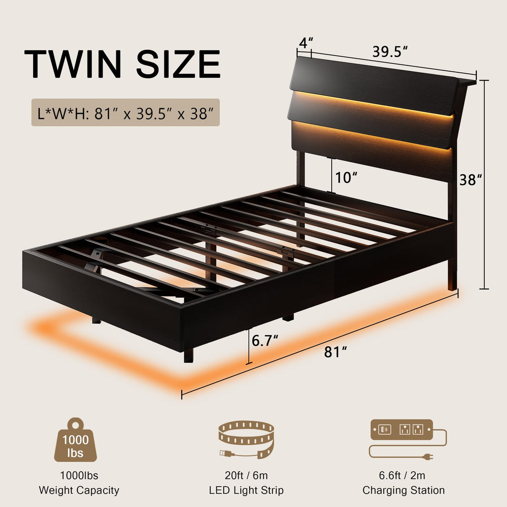 Bed Frame with Charging Station, Led Bed Frame with Wood Storage Headboard