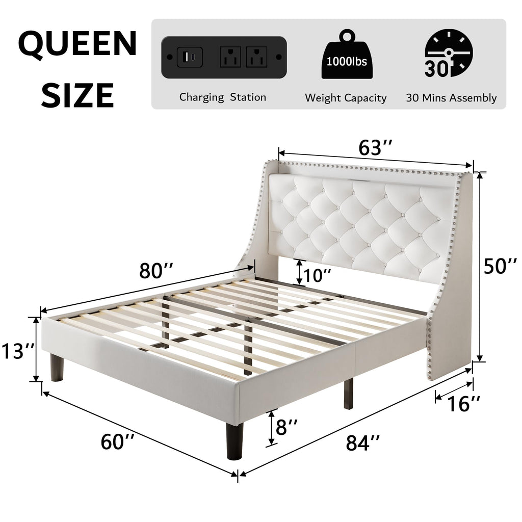 iPormis Full Bed Frame with Upholstered Wingback Button Tufted Storage Headboard