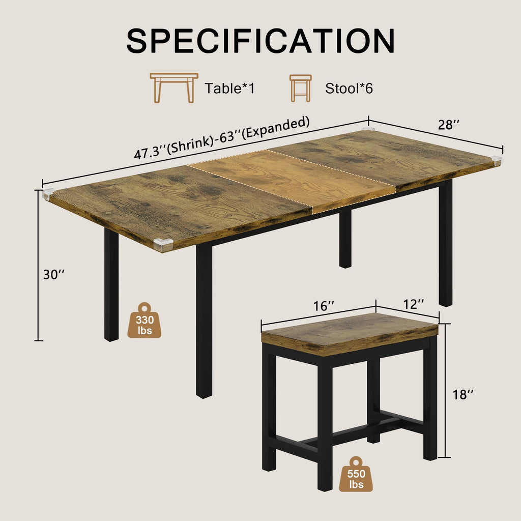 iPormis 7-Piece 63" Extendable Dining Table Set for 4-8 People, Mid-Century
