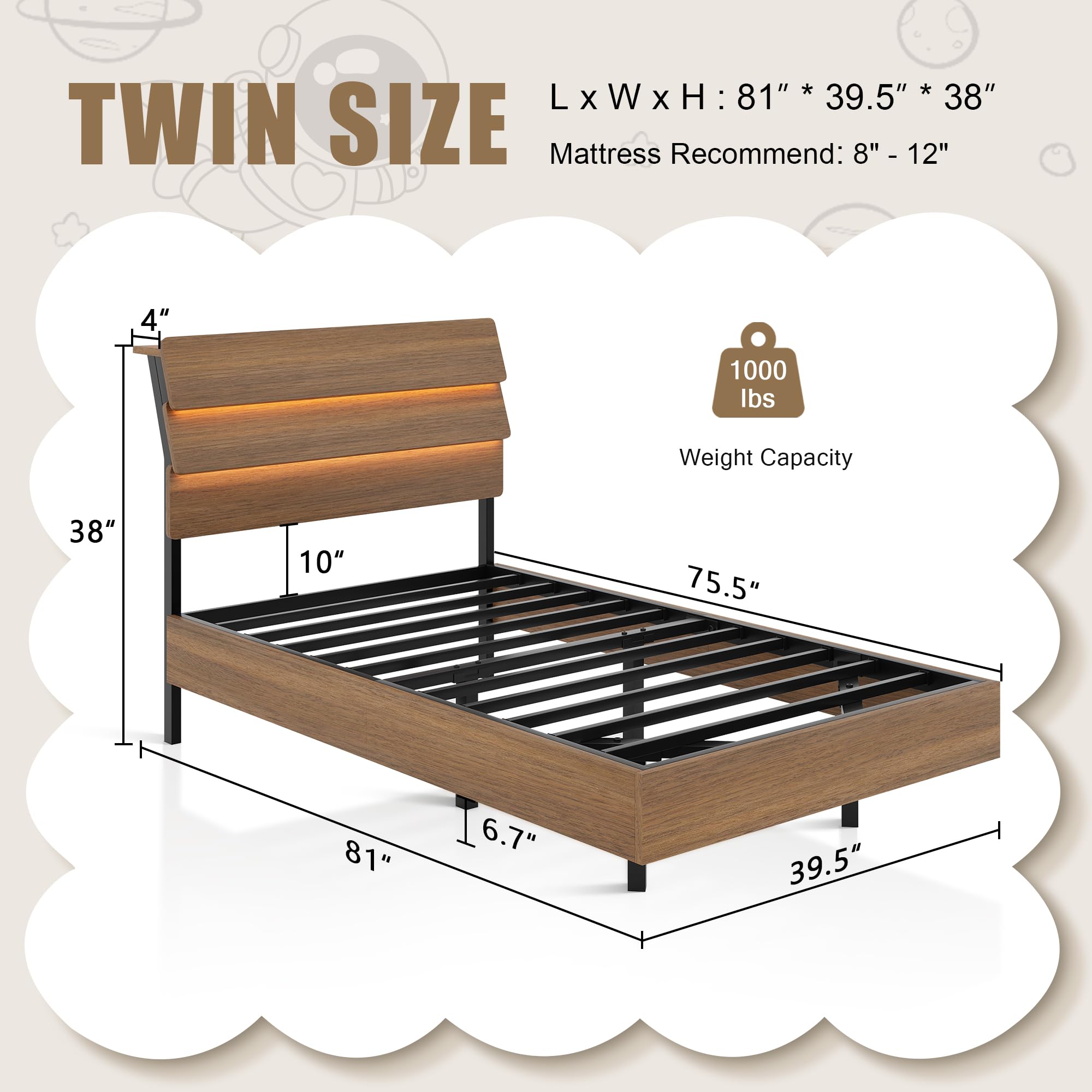 Bed Frame with Charging Station, Led Bed Frame with Wood Storage Headboard