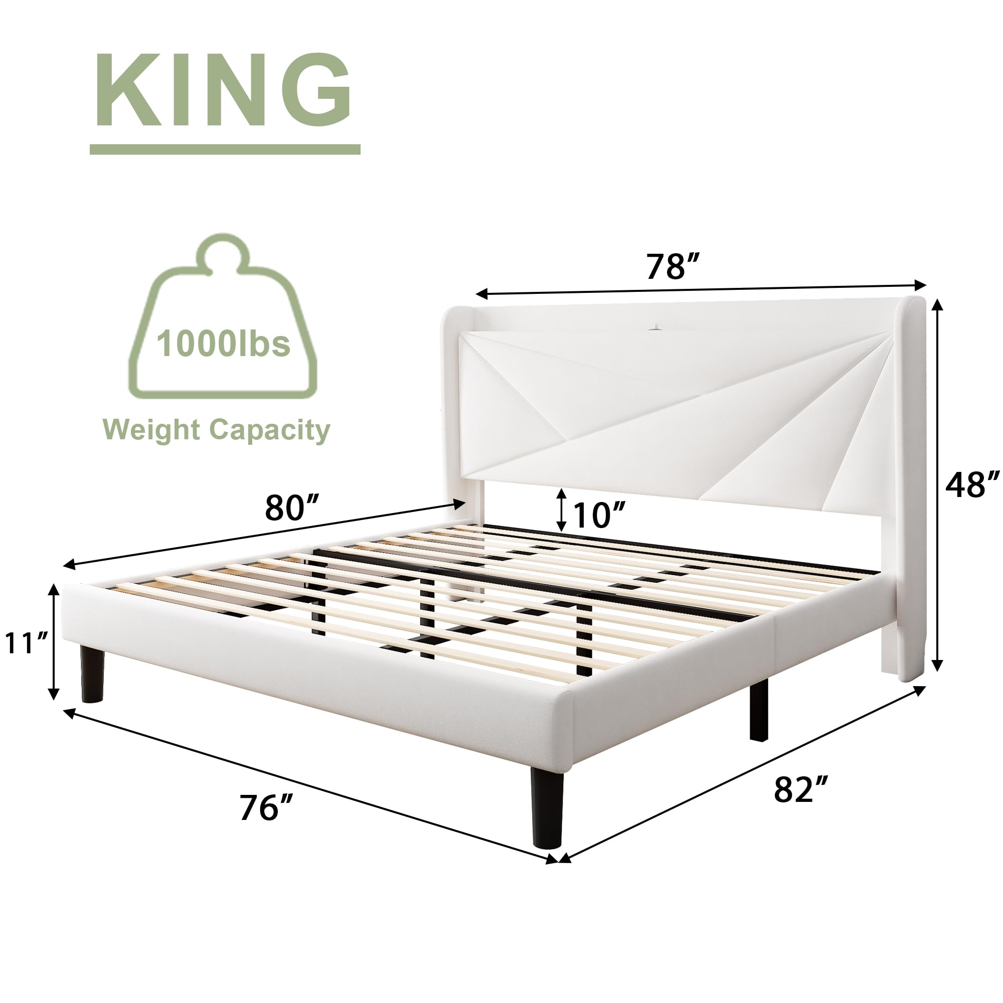 Feonase King Size Bed Frame, Modern Bed Frame with Charging Station