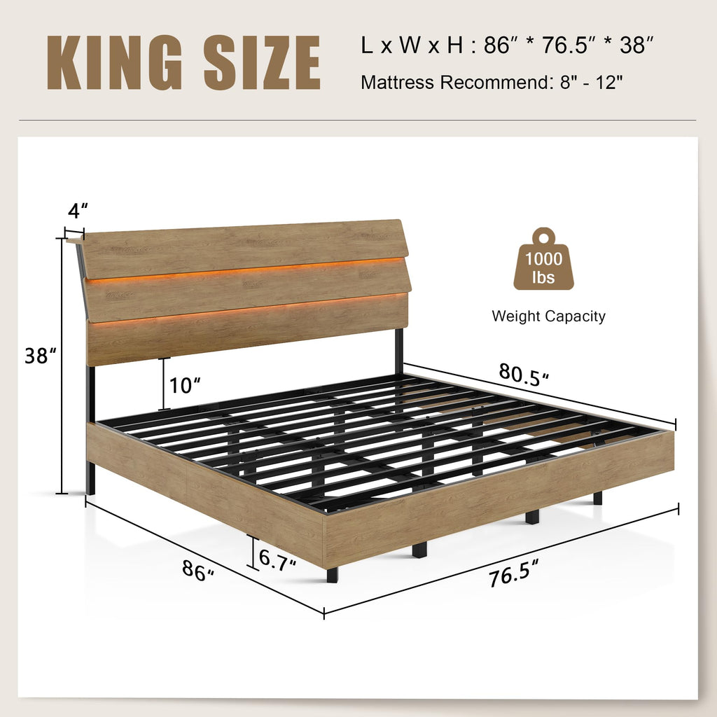 Bed Frame with Charging Station, Led Bed Frame with Wood Storage Headboard