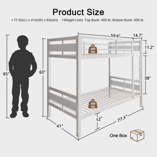 Bunk Bed Twin Over Twin, Heavy Duty Metal Bed with Ladder and Full-Length Guardrail, Under-Bed Storage Space