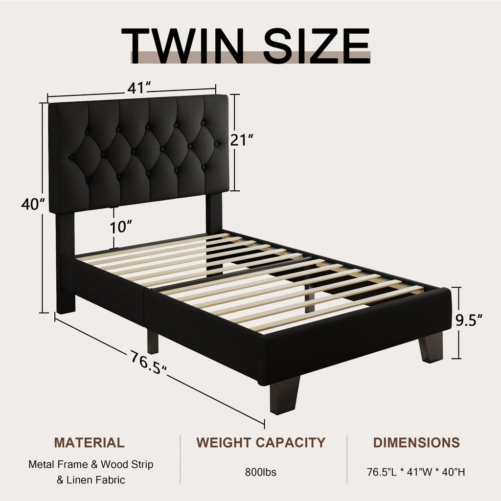 Velvet Bed Frame with Headboard, Button Tufted Upholstered Bed Base