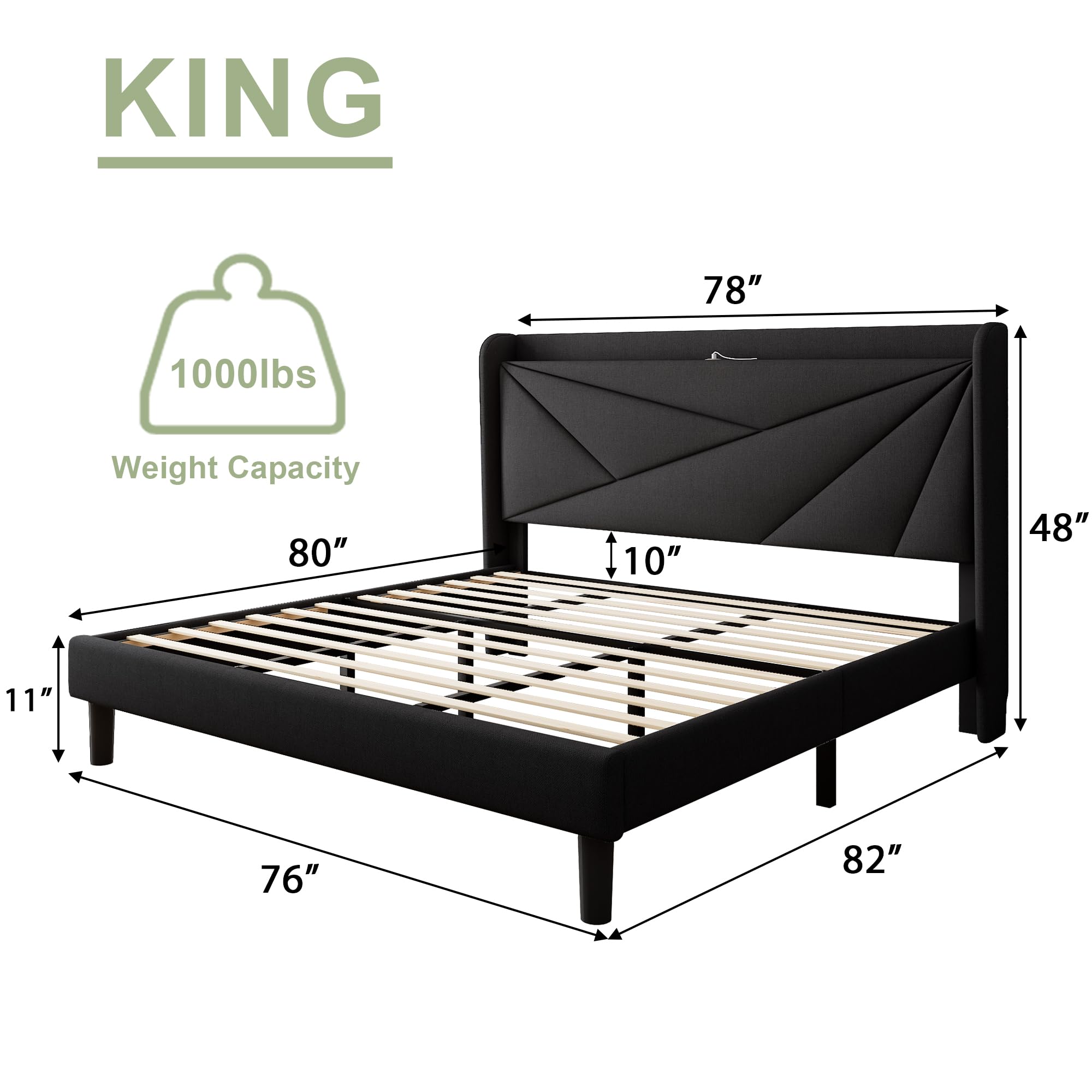 Feonase King Size Bed Frame, Modern Bed Frame with Charging Station