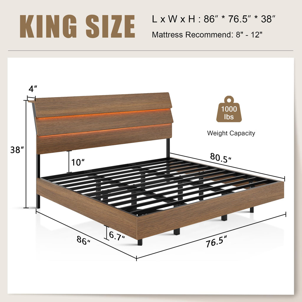 Bed Frame with Charging Station, Led Bed Frame with Wood Storage Headboard