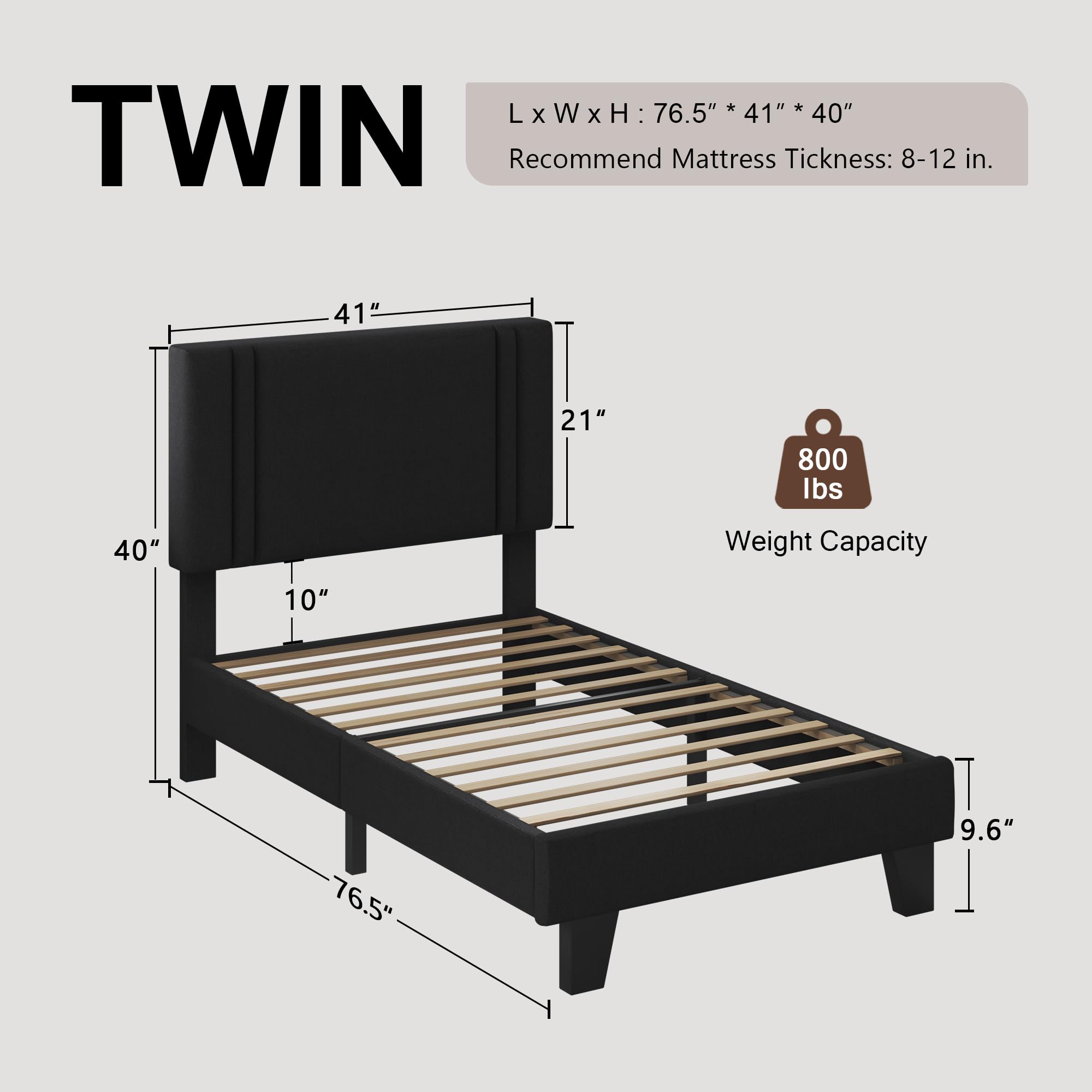 Upholstered Twin Size Bed Frame with Linen Fabric Headboard