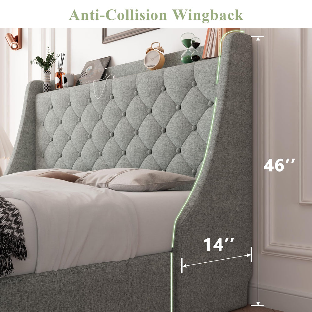 Feonase Upholstered Bed Frame with 4 Storage Drawers and Charging Station