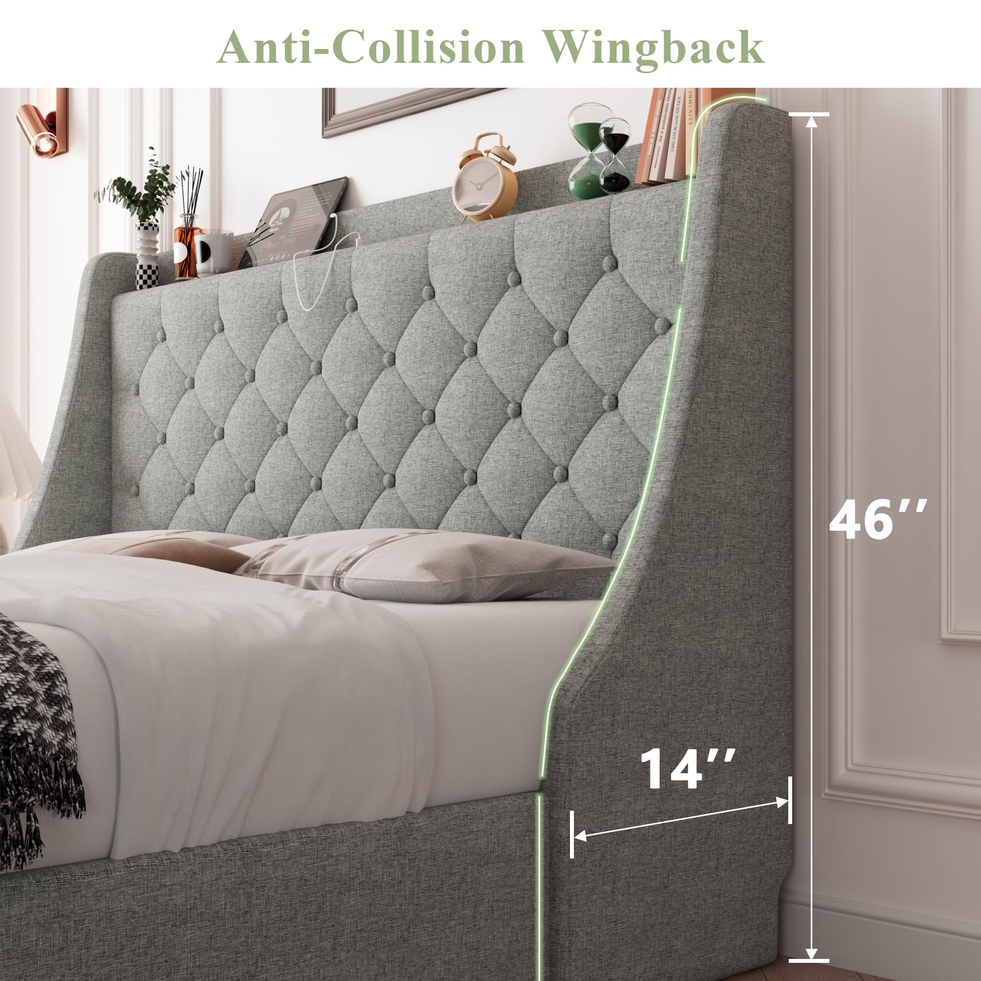 Feonase Upholstered Bed Frame with 4 Storage Drawers and Charging Station