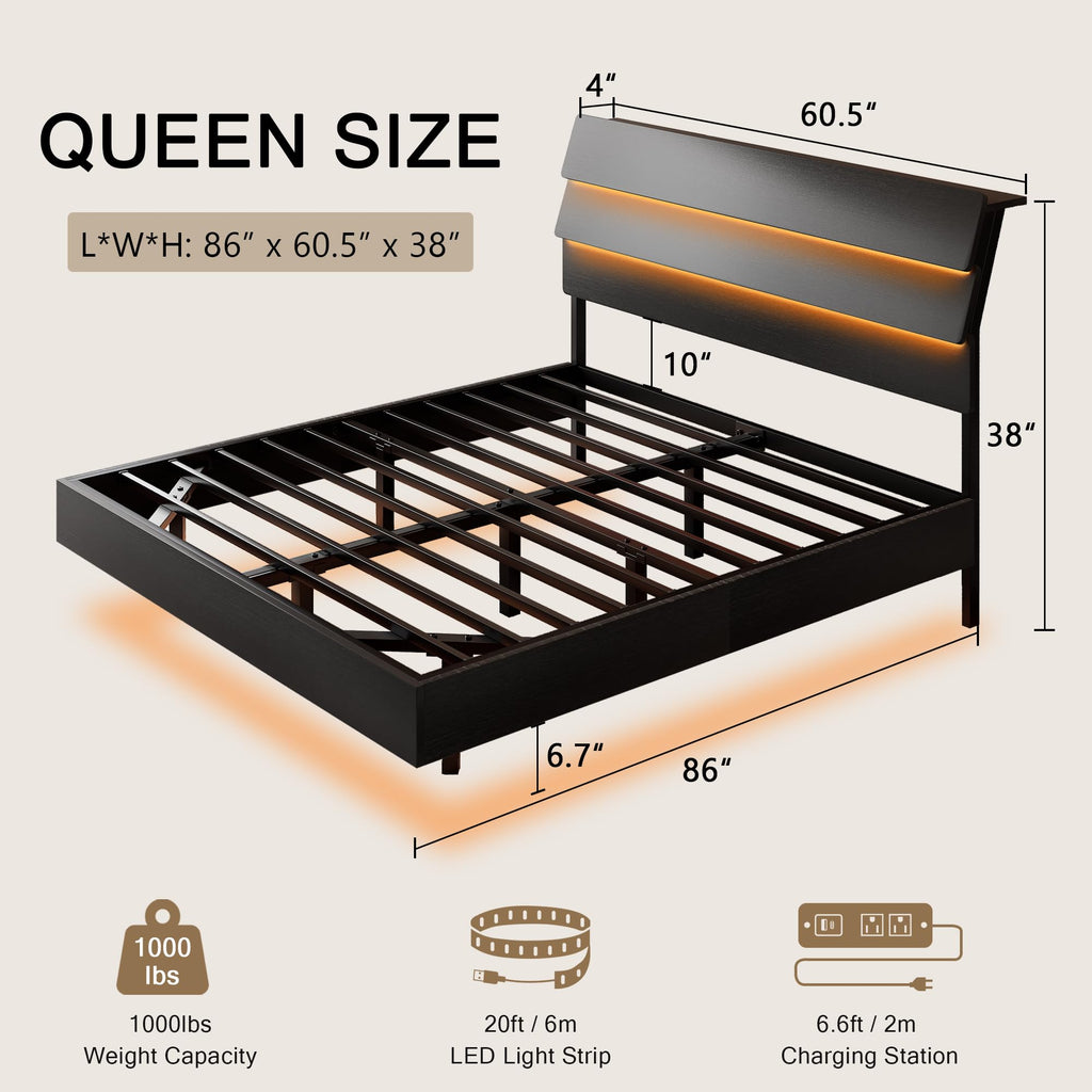 Bed Frame with Charging Station, Led Bed Frame with Wood Storage Headboard