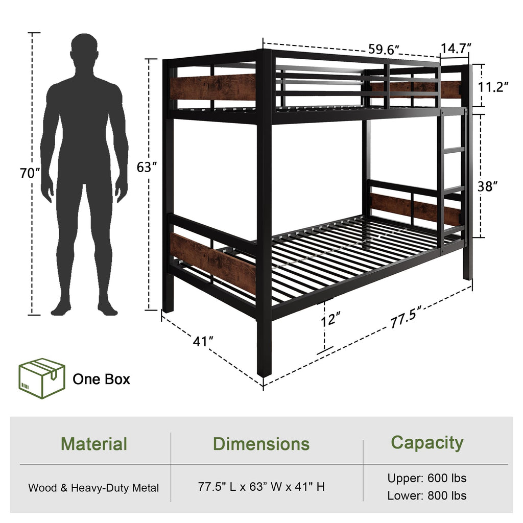 Feonase Metal Bunk Bed Twin Over Twin with Ladder and High Guardrail