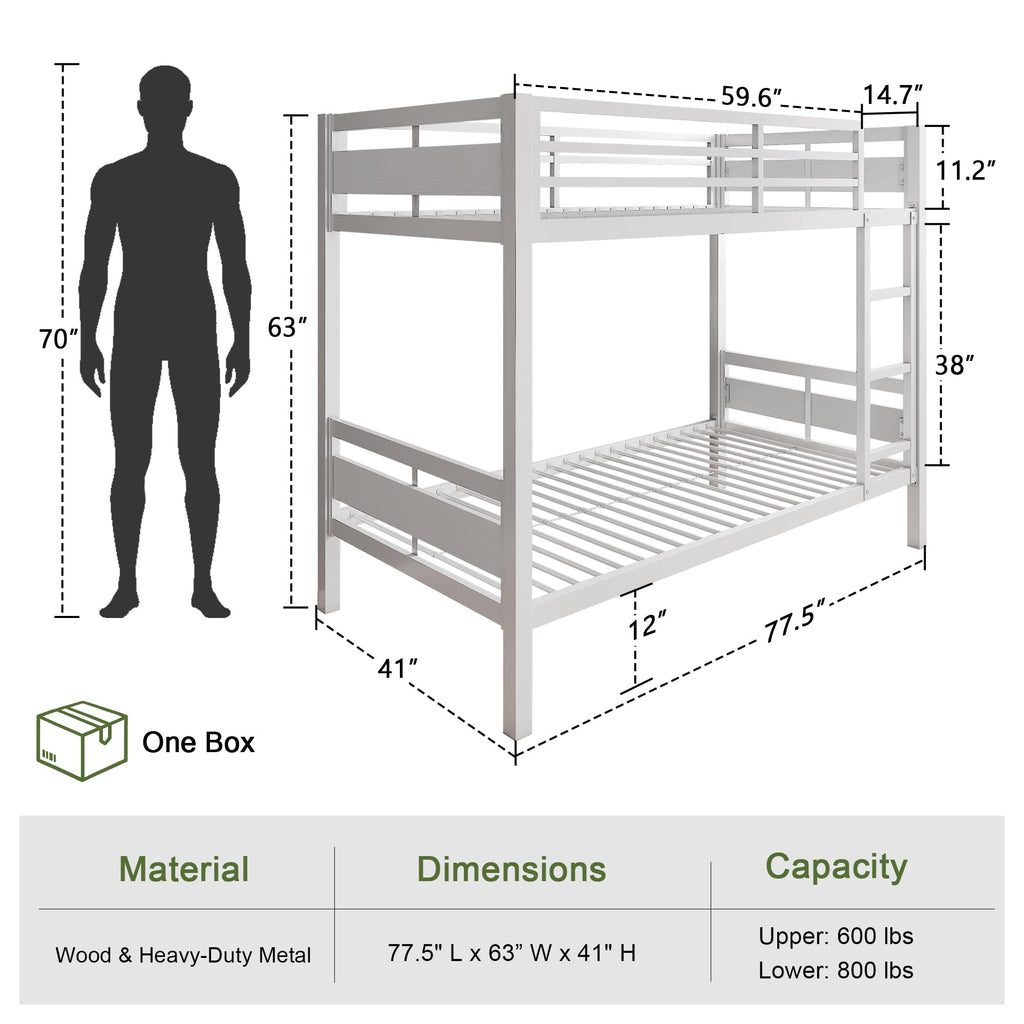 Feonase Metal Bunk Bed Twin Over Twin with Ladder and High Guardrail