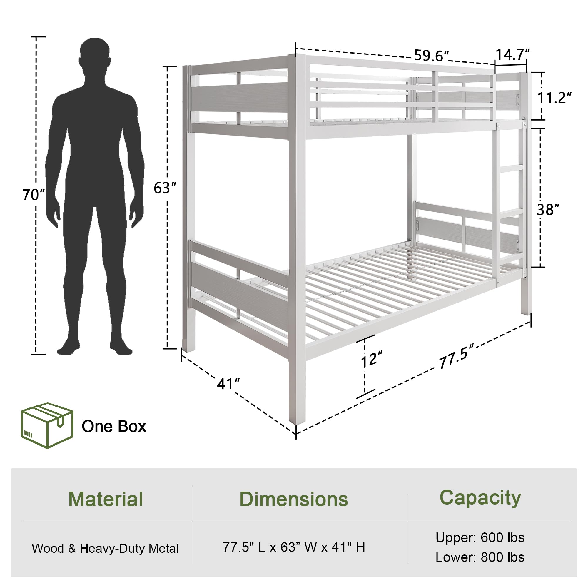 Feonase Metal Bunk Bed Twin Over Twin with Ladder and High Guardrail
