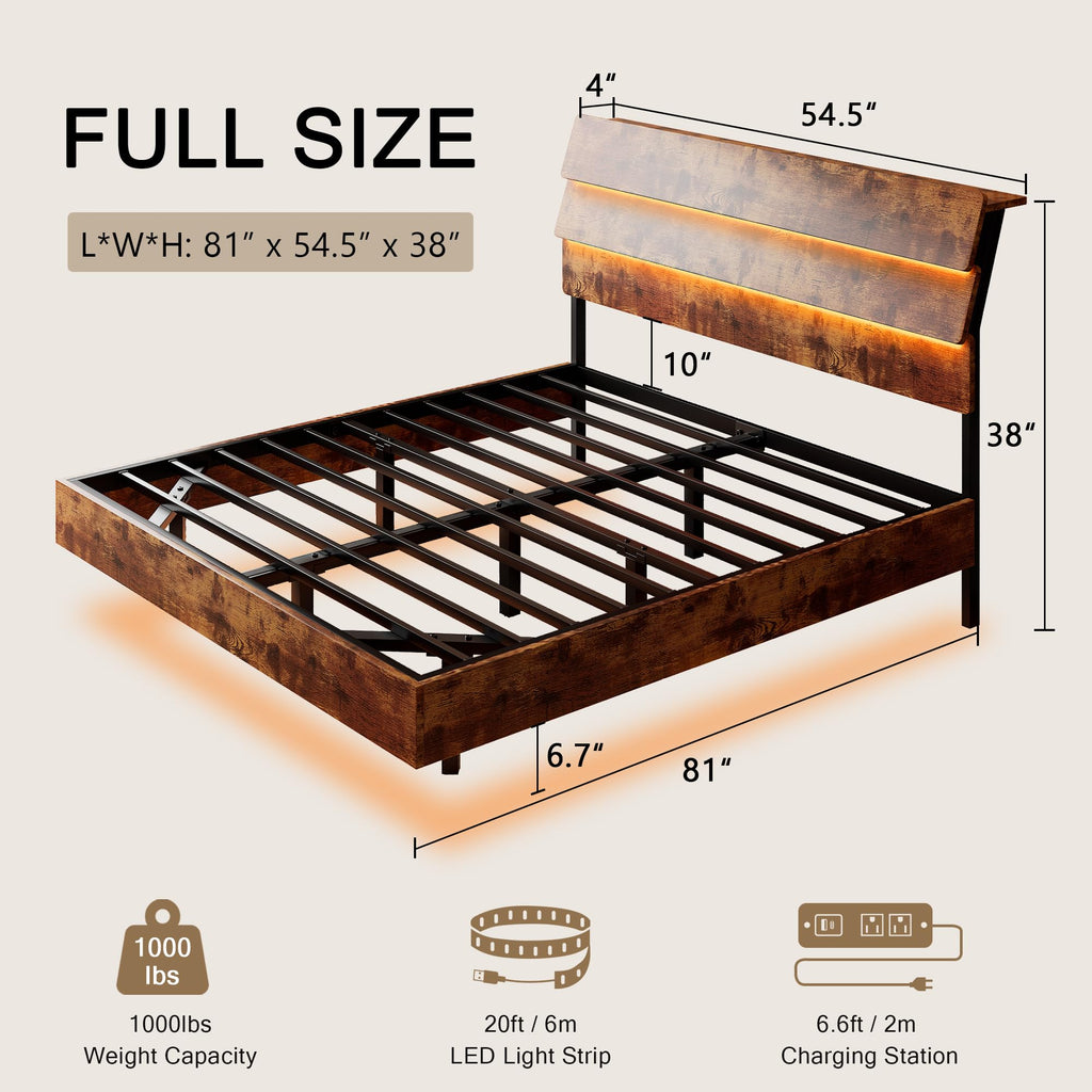 Bed Frame with Charging Station, Led Bed Frame with Wood Storage Headboard