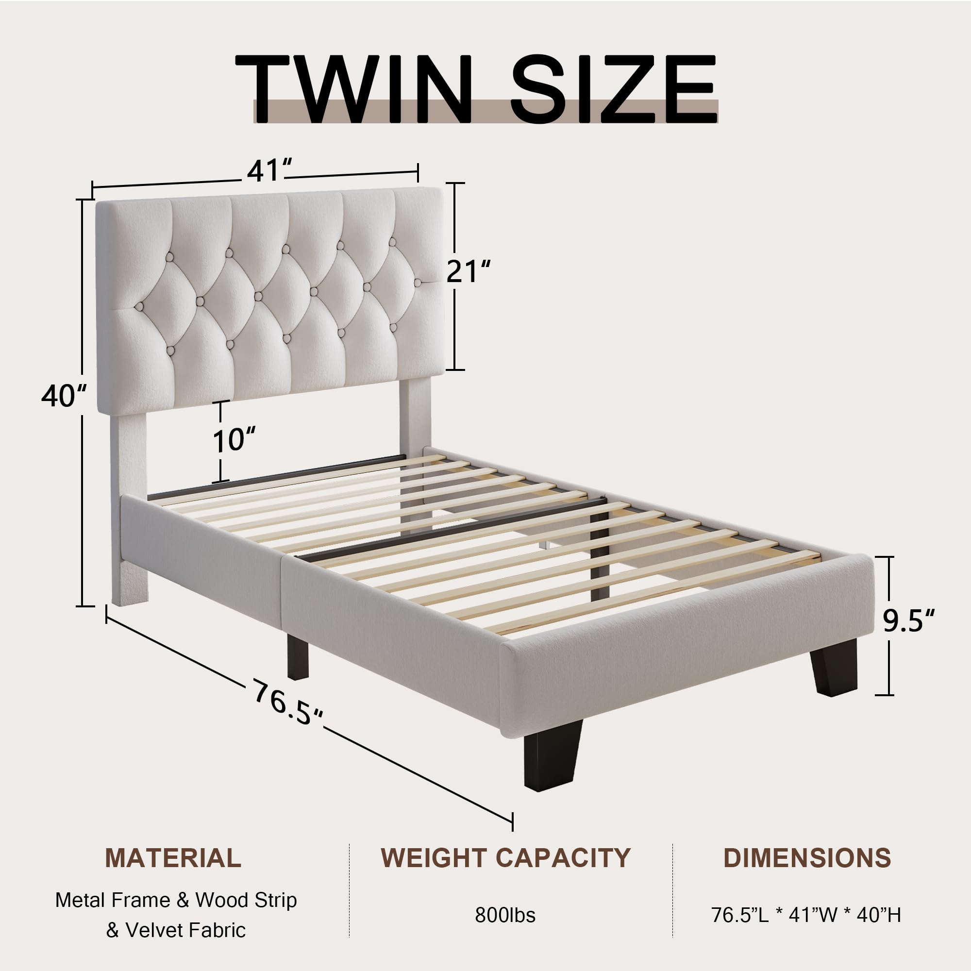 Velvet Bed Frame with Headboard, Button Tufted Upholstered Bed Base