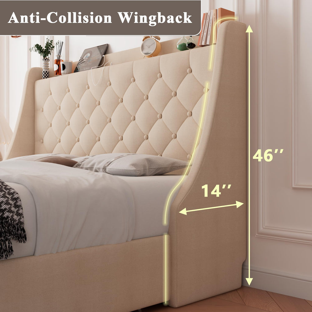 Feonase Upholstered Bed Frame with 4 Storage Drawers and Charging Station