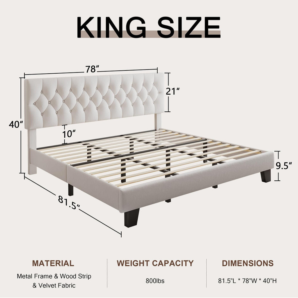 Velvet Bed Frame with Headboard, Button Tufted Upholstered Bed Base