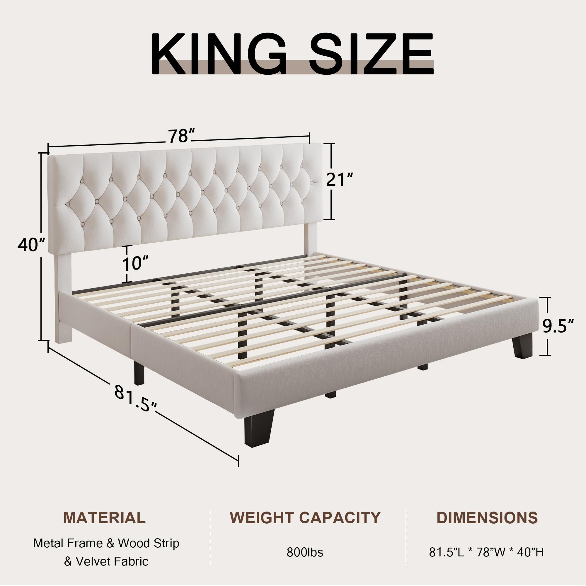 Velvet Bed Frame with Headboard, Button Tufted Upholstered Bed Base