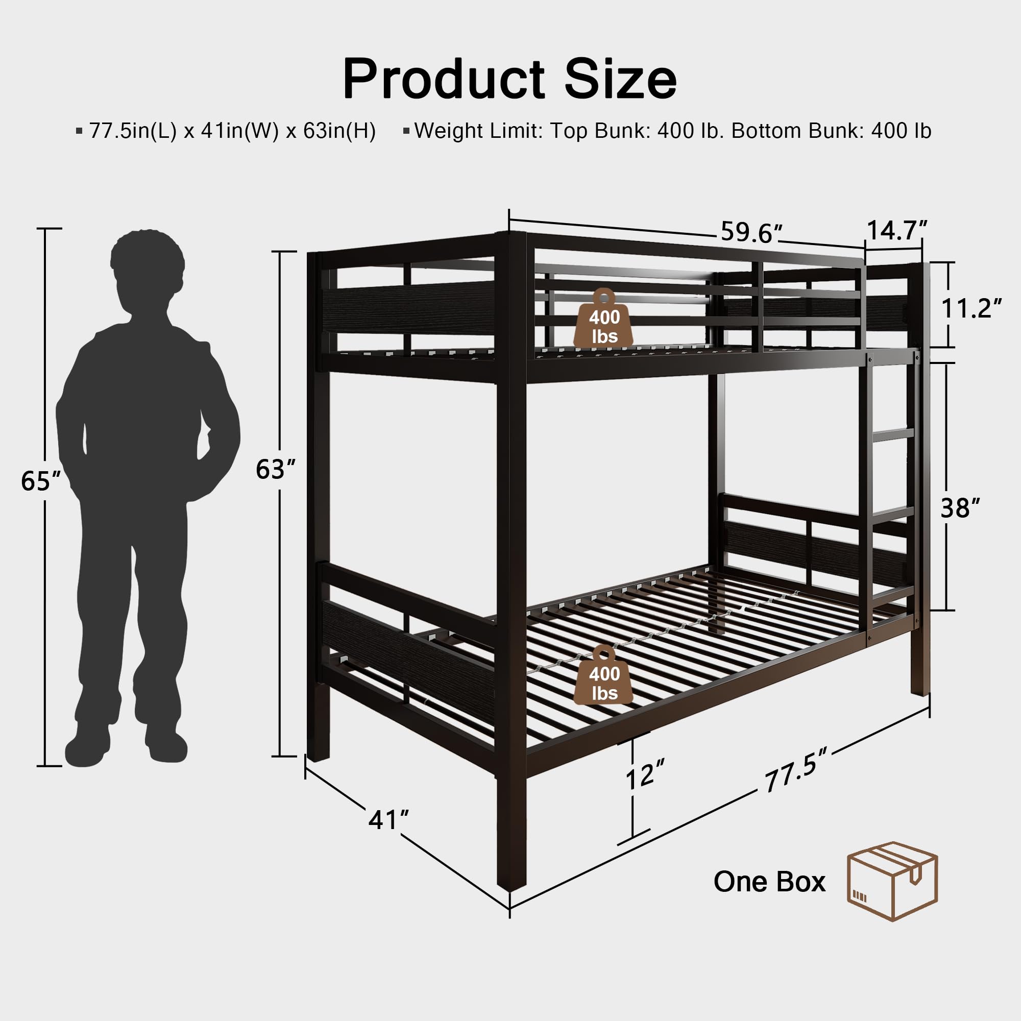 Bunk Bed Twin Over Twin, Heavy Duty Metal Bed with Ladder and Full-Length Guardrail, Under-Bed Storage Space