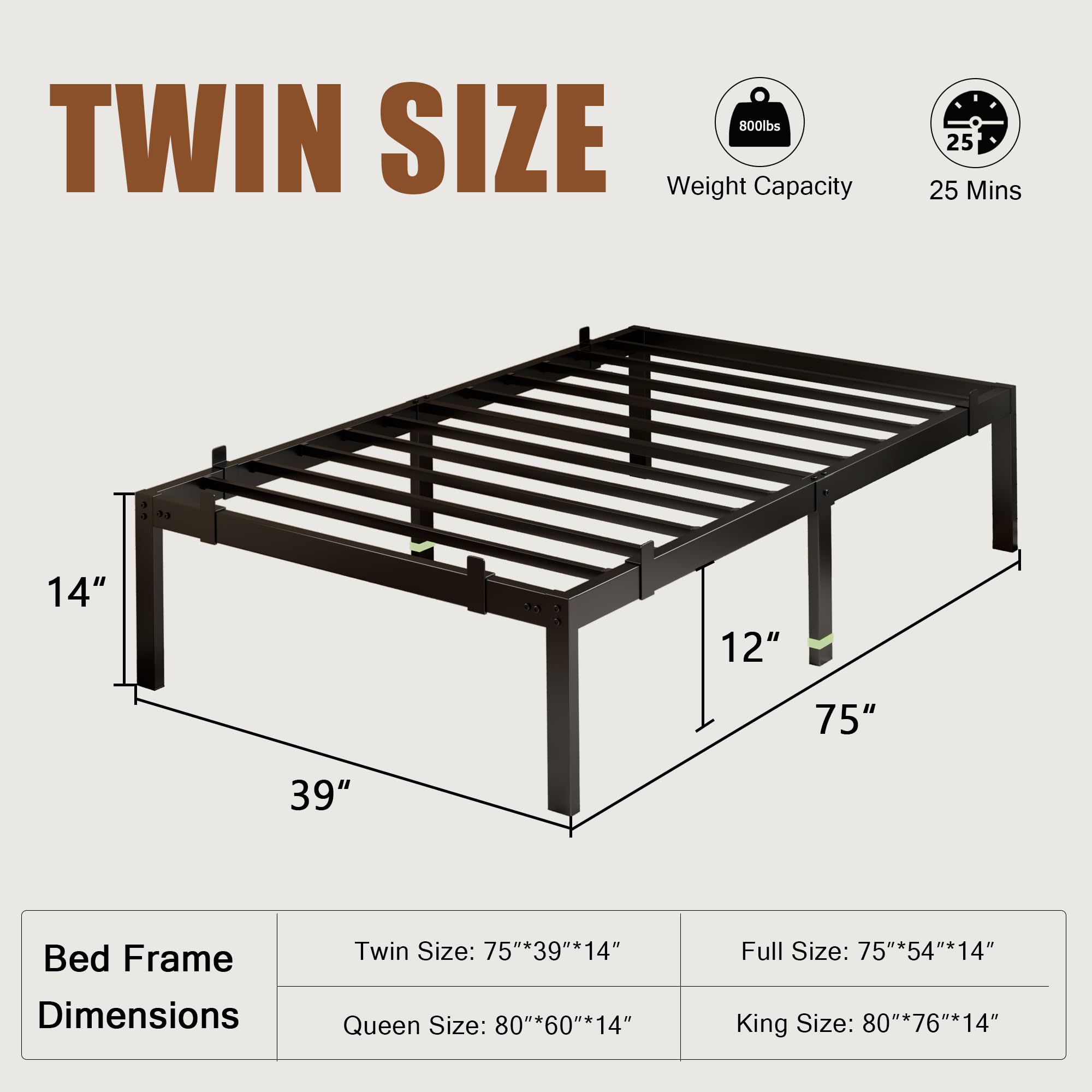 Metal Bed Frame Platform Bed Frame with 6 Mattress Slide Stoppers