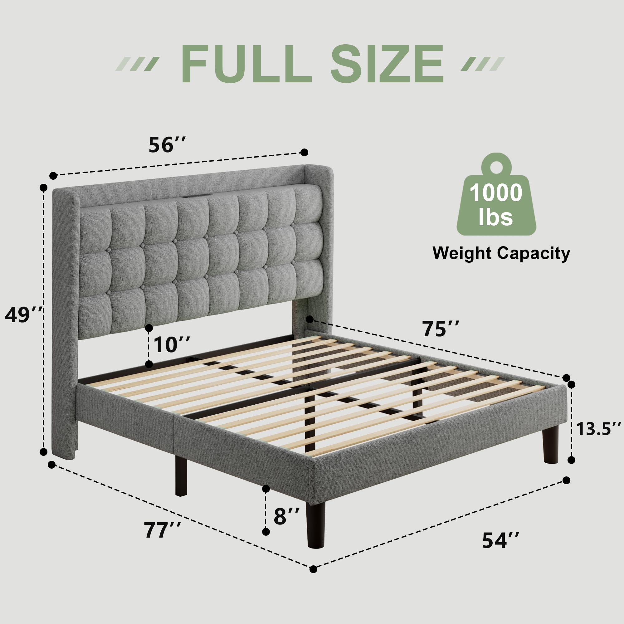 Feonase Bed Frame with Charging Station, Upholstered Platform Frame with Wingback Storage Headboard