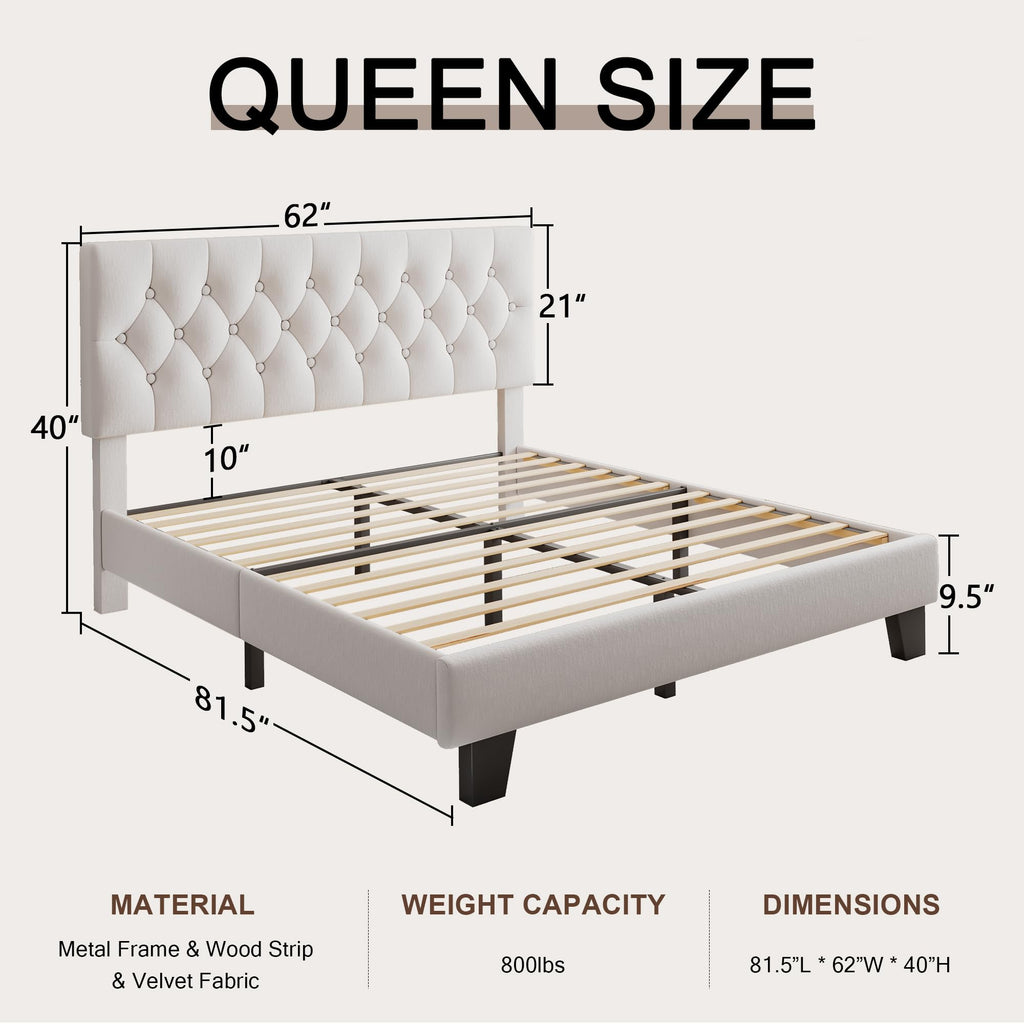 Velvet Bed Frame with Headboard, Button Tufted Upholstered Bed Base