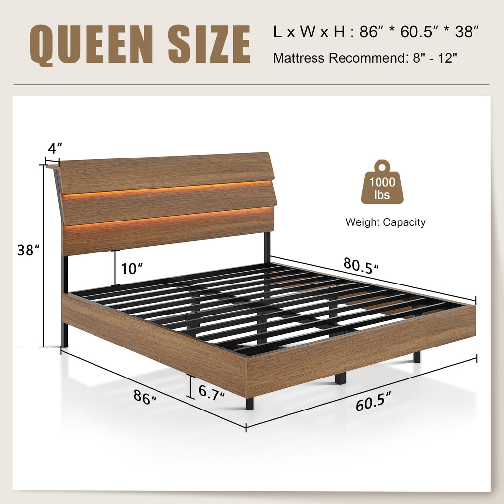 Bed Frame with Charging Station, Led Bed Frame with Wood Storage Headboard
