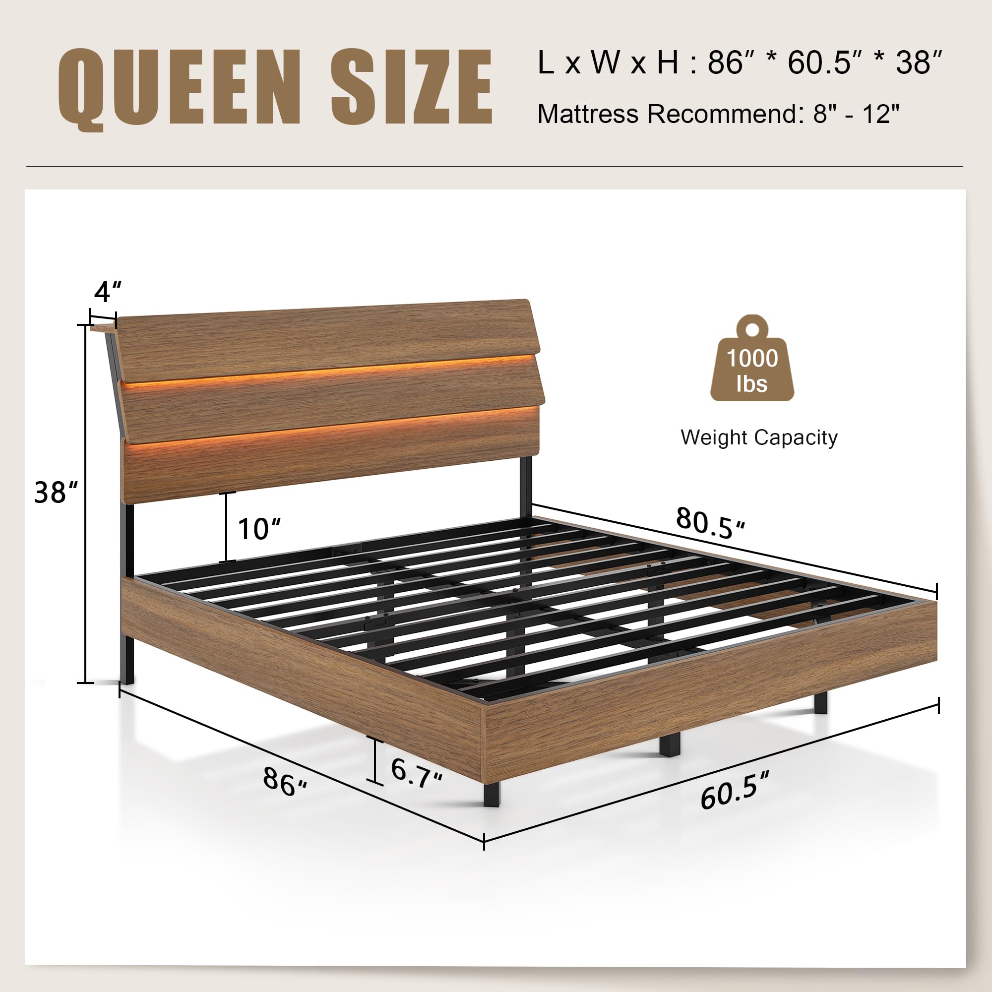 Bed Frame with Charging Station, Led Bed Frame with Wood Storage Headboard