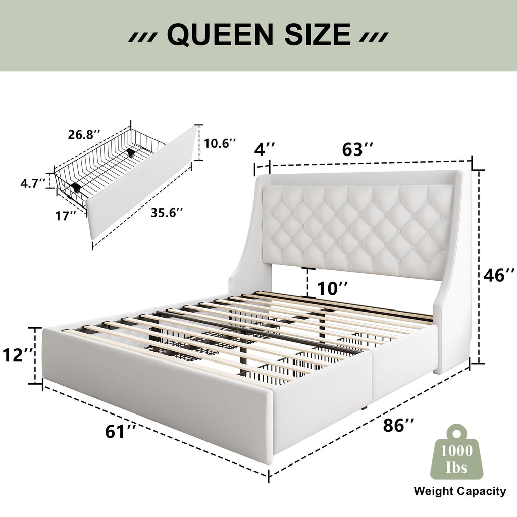 Feonase Upholstered Bed Frame with 4 Storage Drawers and Charging Station
