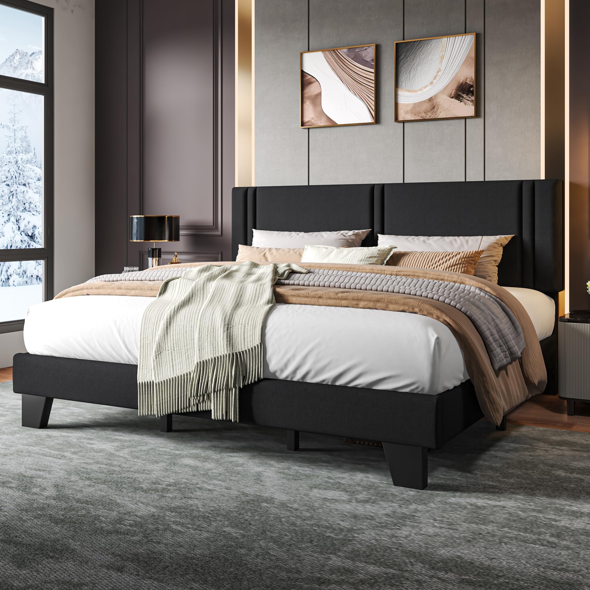 Upholstered Twin Size Bed Frame with Linen Fabric Headboard