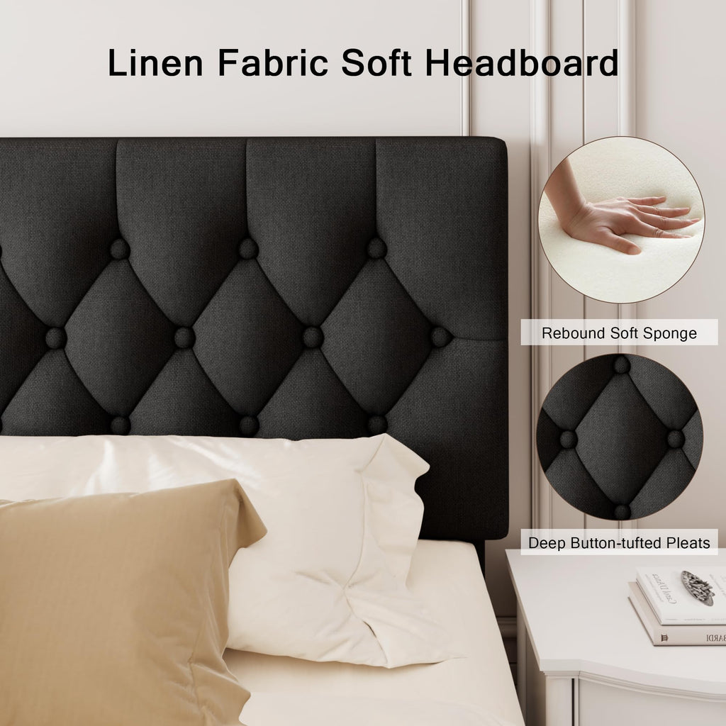 Velvet Bed Frame with Headboard, Button Tufted Upholstered Bed Base