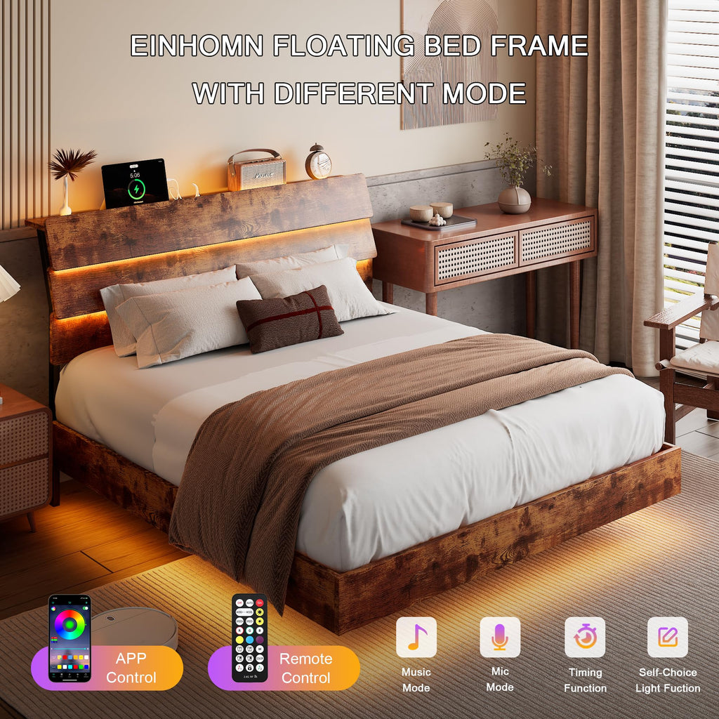 Bed Frame with Charging Station, Led Bed Frame with Wood Storage Headboard