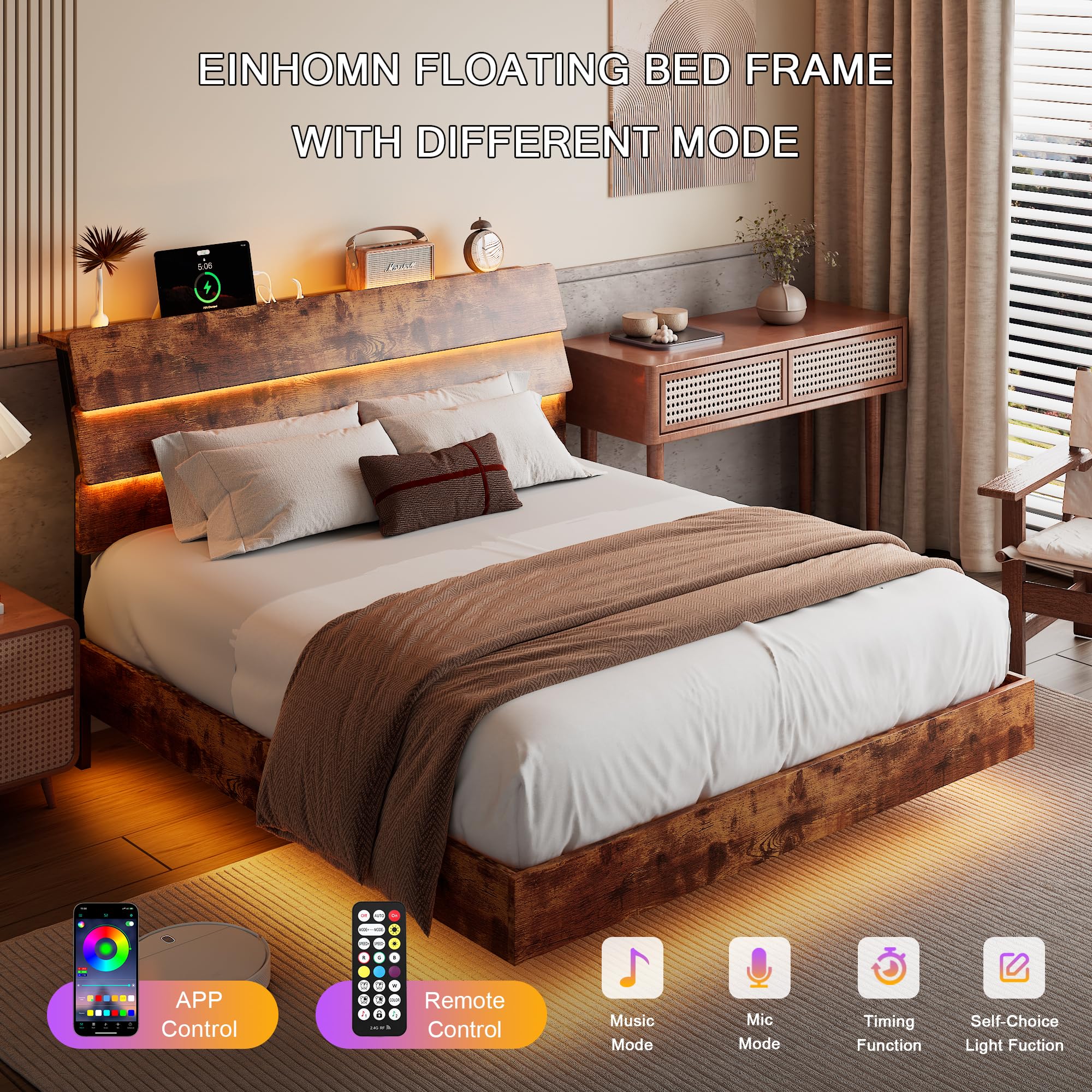 Bed Frame with Charging Station, Led Bed Frame with Wood Storage Headboard