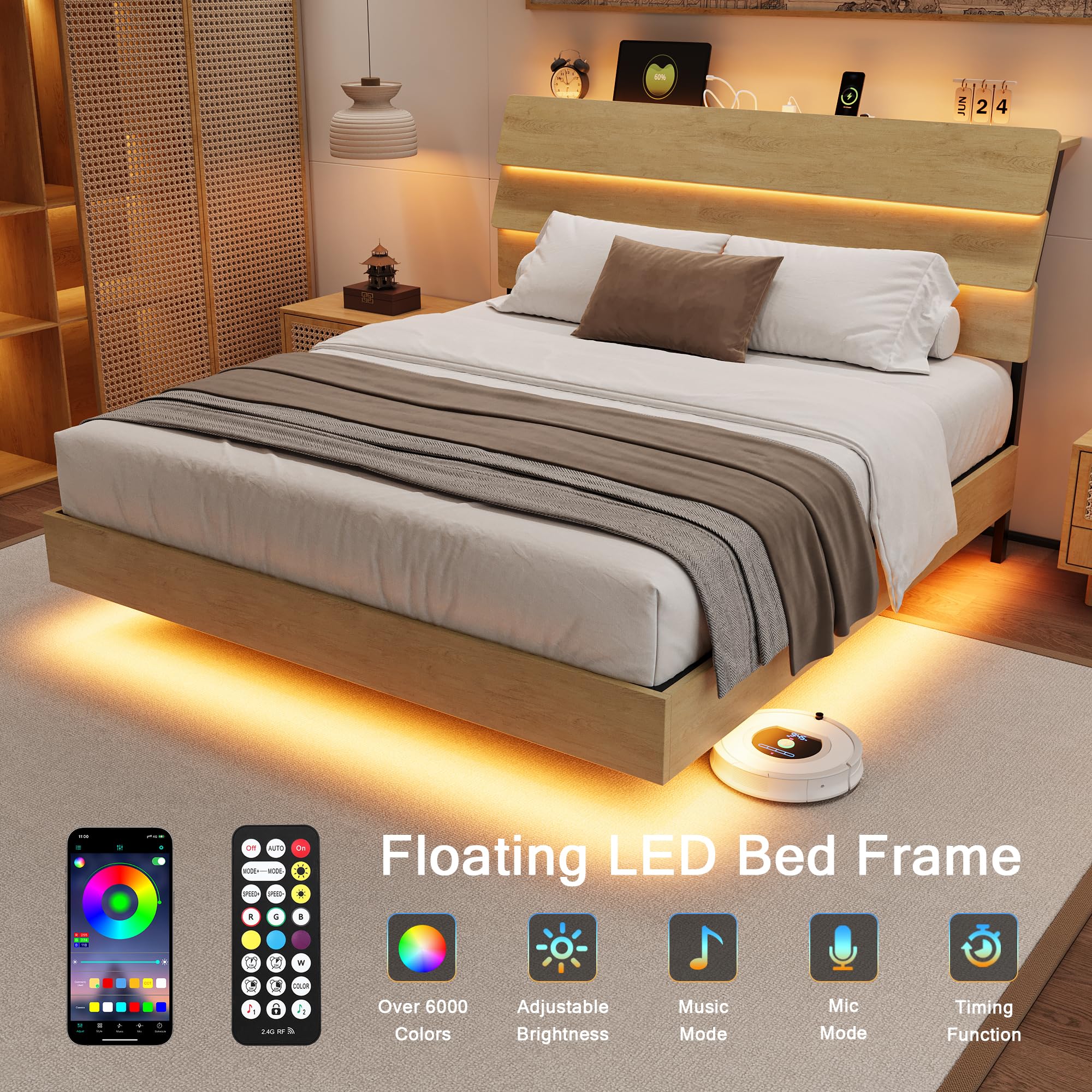 Bed Frame with Charging Station, Led Bed Frame with Wood Storage Headboard