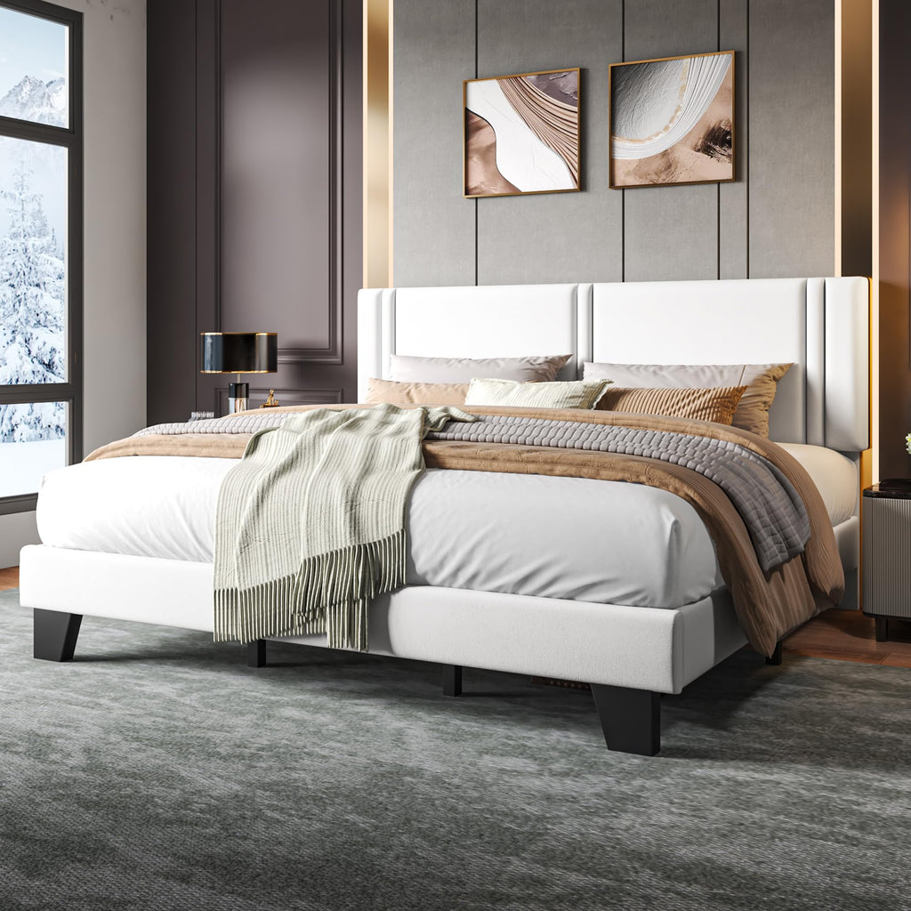 Upholstered Twin Size Bed Frame with Linen Fabric Headboard