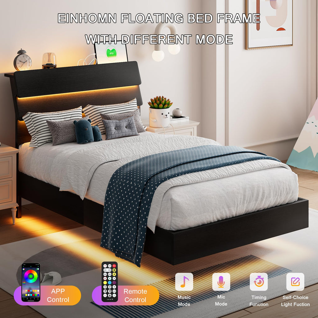 Bed Frame with Charging Station, Led Bed Frame with Wood Storage Headboard