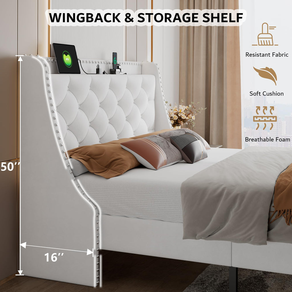 iPormis Full Bed Frame with Upholstered Wingback Button Tufted Storage Headboard