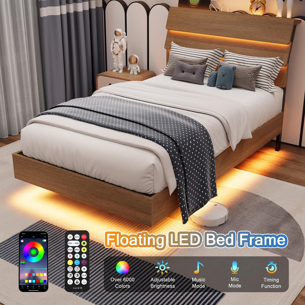 Bed Frame with Charging Station, Led Bed Frame with Wood Storage Headboard
