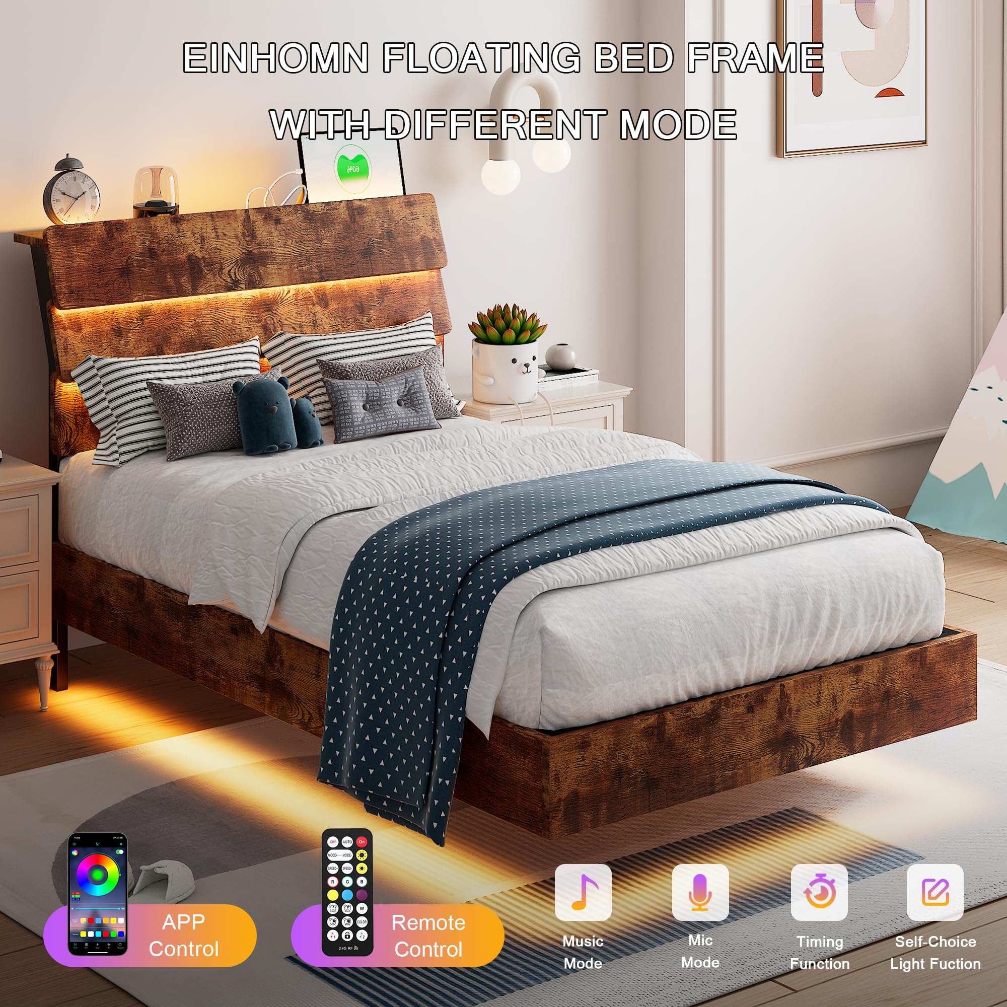 Bed Frame with Charging Station, Led Bed Frame with Wood Storage Headboard